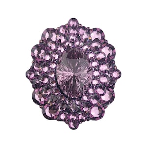 Kristall Schrankknopf 3-3 / 4 "x 1-1 / 2"; Iris Amethyst auf Floral Ovalem Dekorativen Metall; Gebürstete Goldhonig-Bronze-Basis; hat passenden Schubladenknauf