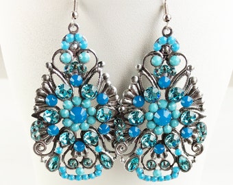 Huge Turquoise Crystal Dangle Earrings, Rhinestones Large Tear Drop Antique Silver Filigrees, Lightweight Oversized Art Deco Costume Jewelry
