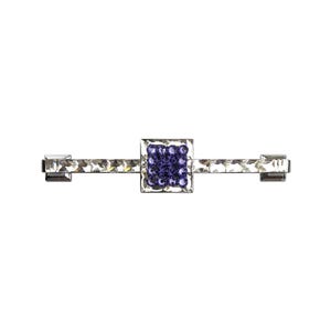May include: A horizontal bar brooch featuring a central square setting filled with small, deep purple faceted stones. The bar extends on both sides, decorated with a row of clear, square-cut faceted stones set in a polished silver-tone metal frame.