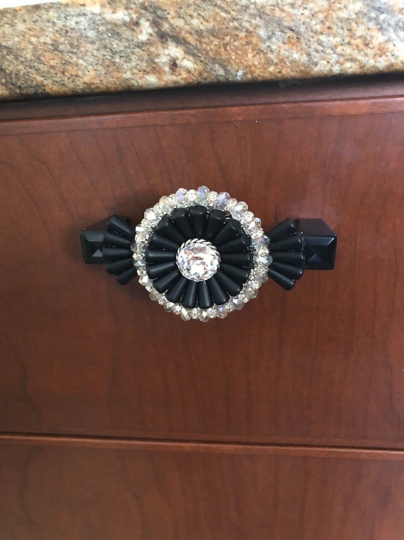3 Inch Crystal Drawer Pull Large Rhinestone Matte Black Etsy