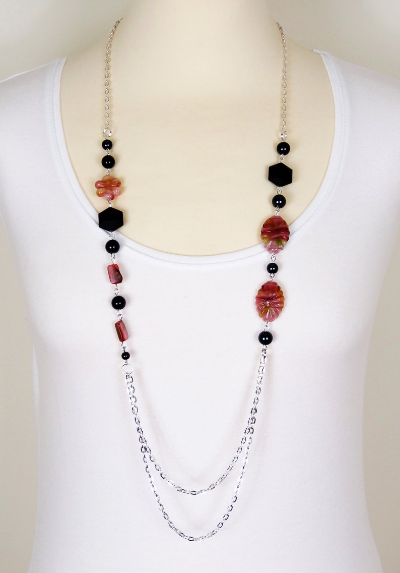 Long Pink Black Necklace Silver Beaded Necklace Boho Etsy Ireland