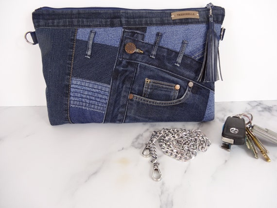 Upcycled Denim Jeans Clutch Shoulder Bag Handbag Purse With 