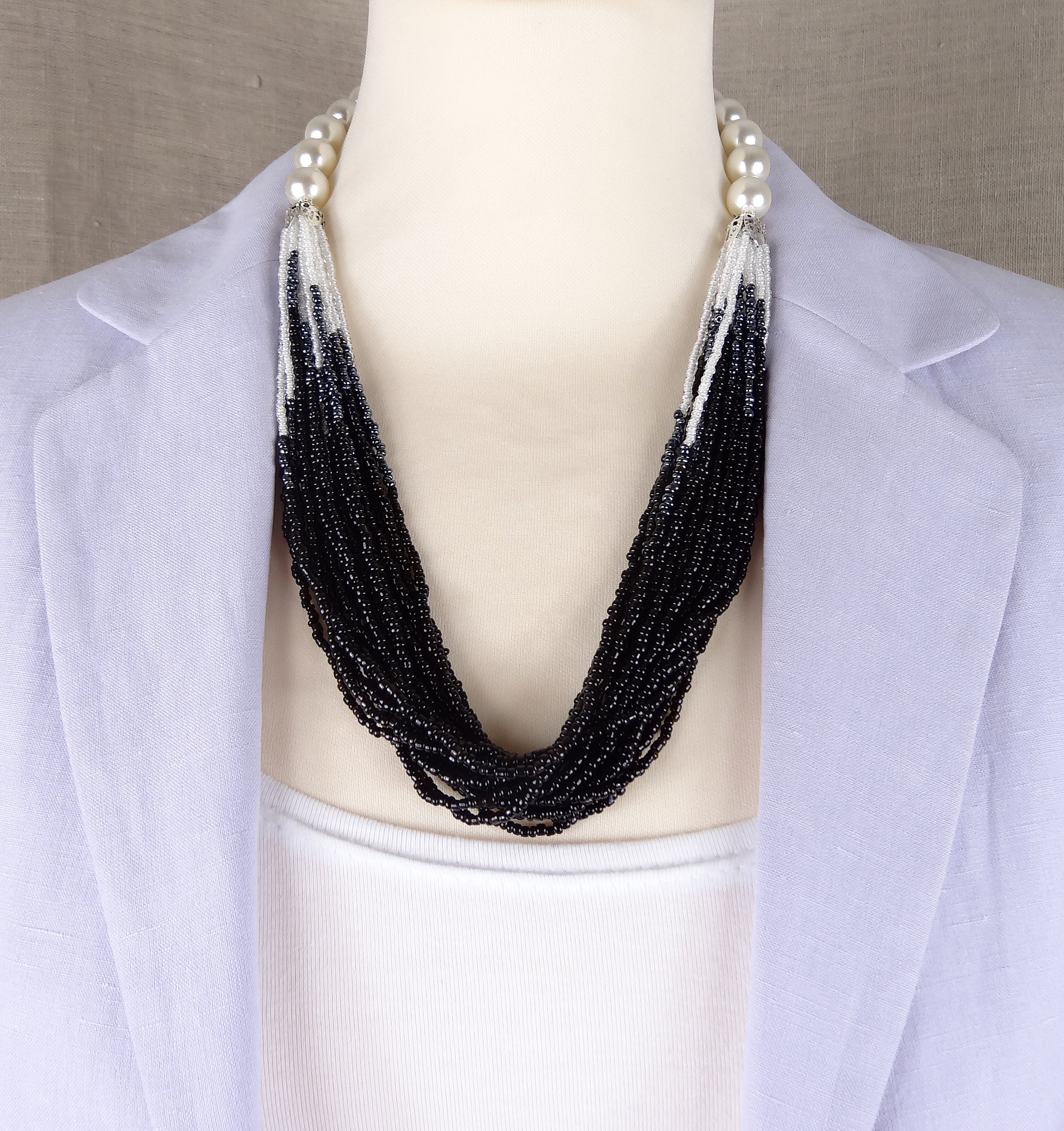 Pearl Beaded Necklace Black Seed Bead Necklace Vintage Retro Etsy