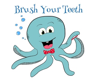 Brush Your Teeth Kids Wall Art Print, Octopus, Digital Print