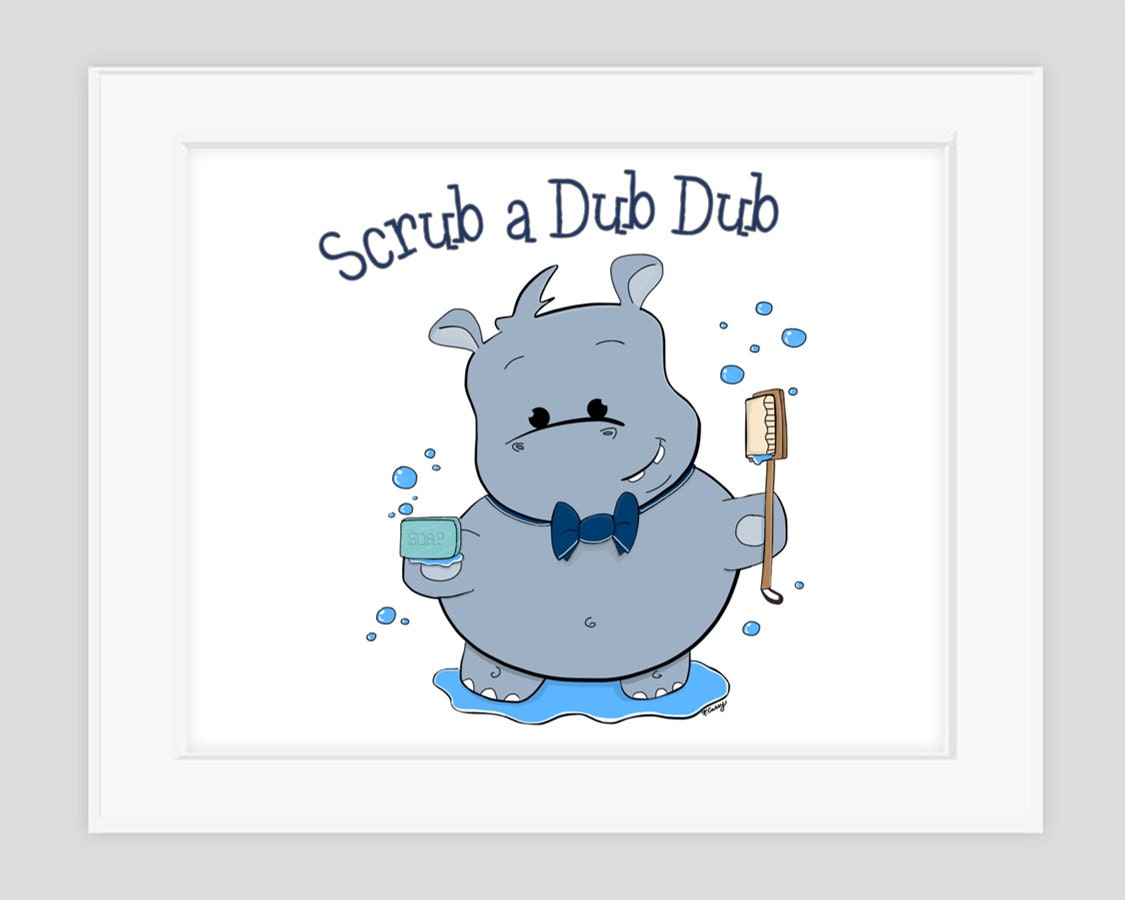 Kids Bathroom Wall Art Print, Scrub a Dub Dub Hippo, Digital - Etsy
