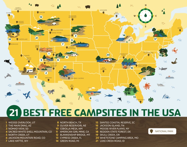 21 Best Free Campsites in the USA Limited Edition Art Print Etsy