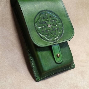 Green Celtic design leather cell phone pouch