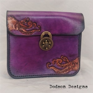 Handcrafted Tooled Leather Purple Octopus Pouch, purse or bag