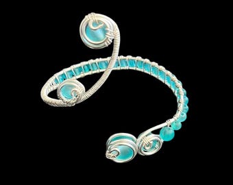 Silver Wire Wrapped Wrist Cuff: Asymmetrical Turquoise Glass Bead Arm Band