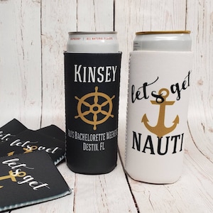 lets get nauti bachelorette party favors / nautial bachelorette party can coolers / individually named can coolers... NAUTI