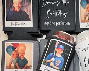 Personalized Birthday Can cooler. Vintage 1985 Photo & Text  | Custom Party Favor |  Customizable Beer Sleeve... FRAMEP