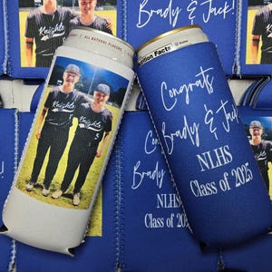 Custom school graduation party photo can cooler favors. Personalized with custom graduate party info. favors... PHOTOAGE