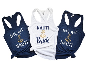 lets get nauti navy blue tank tops nautical bachelorette party shirts destination wedding matching cruise tank LTSGN-RB