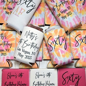 Sixty AF birthday party can cooler favors. Personalized with custom birthday party info. 60th Birthday favors 60AF-O