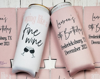 aging like a fine wine birthday party can cooler favors. Personalized with custom birthday party info. 30th, 40th Birthday favors... FWINE
