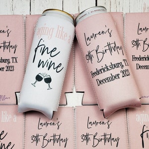 aging like a fine wine birthday party can cooler favors. Personalized with custom birthday party info. 30th, 40th Birthday favors... FWINE