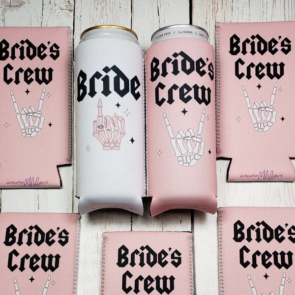 Brides Crew Rock and Roll bachelorette party slim can coolers - bachelorette party favors - Heavy Metal can coolers... BCDC-STOCK