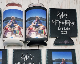 Custom Photo can cooler 40th birthday party photo can cooler favors. Personalized with custom birthday party info. Trendy favors... PHOTOAGE