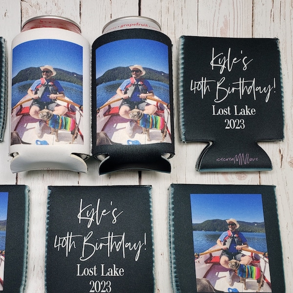 Custom Photo can cooler 40th birthday party photo can cooler favors. Personalized with custom birthday party info. Trendy favors... PHOTOAGE