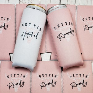 getting rowdy and getting hitched bull bachelorette party can coolers / bachelorette party favors /  bride favors... ROWDY-STOCK