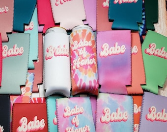 CLOSEOUT!!!! Retro Babe Proposal Slim Can Coolers Retro babe bridesmaid babe of honor and  bride slim can coolers. RETRO-STOCK