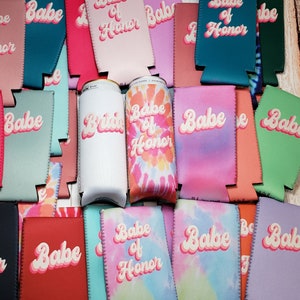 CLOSEOUT!!!! Retro Babe Proposal Slim Can Coolers Retro babe bridesmaid babe of honor and  bride slim can coolers. RETRO-STOCK