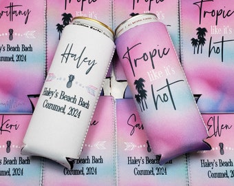 tropic like it's hot bachelorette party slim can coolers / beach birthday party gifts / bachelorette party favors... TROPIC