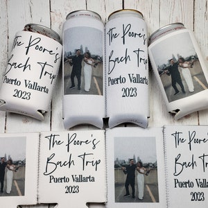 Bachelorette party can cooler favors with Brides photo. Personalized with custom wedding party info and image... PHOTOBACH
