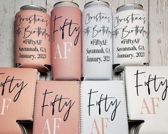 Fifty AF 50th birthday party gift can cooler . Personalized with custom birthday party info. 50th Birthday favors... 50AF