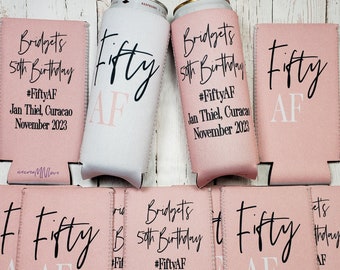 Fifty AF birthday party can cooler favors. Personalized with custom birthday party info. 50th Birthday favors... 50AF