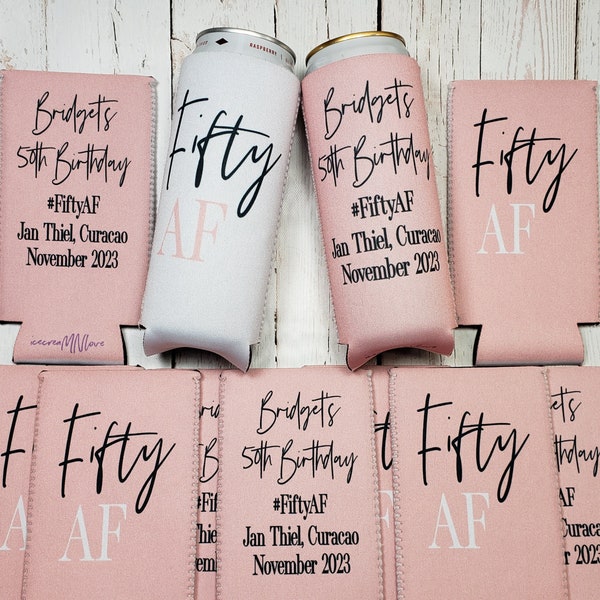 Fifty AF birthday party can cooler favors. Personalized with custom birthday party info. 50th Birthday favors... 50AF