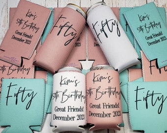 Fifty birthday party can cooler favors. Personalized with custom birthday party info. 50th Birthday favors... FIFTY