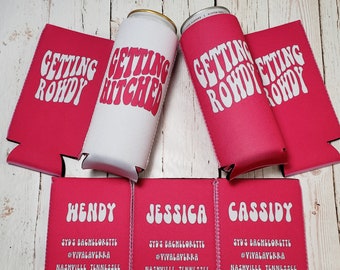 Getting ROWDY & Getting HITCHED bachelorette party can coolers - Nashvile and Austin party favors. Custom can cooler... GROWDY