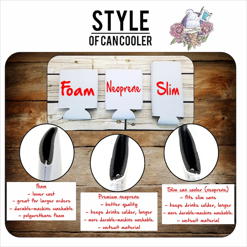 Puede incluir: Tres estilos diferentes de enfriadores de latas: espuma, neopreno y neopreno delgado. El enfriador de espuma es el menos costoso y el mejor para pedidos grandes. El enfriador de neopreno es de mejor calidad y mantiene las bebidas m&aacute;s fr&iacute;as por m&aacute;s tiempo. El enfriador de neopreno delgado est&aacute; dise&ntilde;ado para adaptarse a latas delgadas.