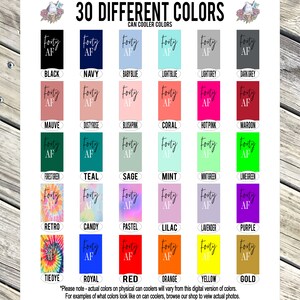 Puede incluir: Un gr&aacute;fico que muestra 30 colores diferentes para enfriadores de latas. Los colores est&aacute;n dispuestos en seis filas de cinco colores cada una. Los colores incluyen negro, azul marino, azul beb&eacute;, azul claro, gris claro, gris oscuro, malva, rosa polvoriento, rosa rubor, coral, rosa intenso, marr&oacute;n, verde bosque, verde azulado, salvia, menta, verde menta, verde lima, retro, caramelo, pastel, lila, lavanda, morado, te&ntilde;ido anudado, azul real, rojo, naranja, amarillo y dorado.