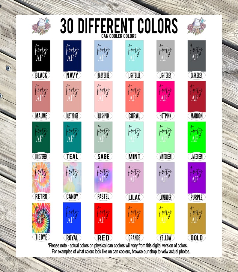 Puede incluir: Un gr&aacute;fico que muestra 30 colores diferentes para enfriadores de latas. Los colores est&aacute;n dispuestos en seis filas de cinco colores cada una. Los colores incluyen negro, azul marino, azul beb&eacute;, azul claro, gris claro, gris oscuro, malva, rosa polvoriento, rosa rubor, coral, rosa intenso, marr&oacute;n, verde bosque, verde azulado, salvia, menta, verde menta, verde lima, retro, caramelo, pastel, lila, lavanda, morado, te&ntilde;ido anudado, azul real, rojo, naranja, amarillo y dorado.