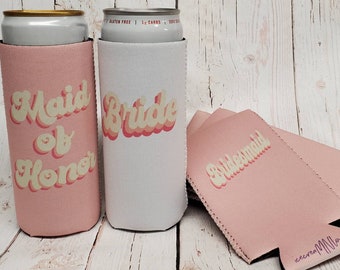 Retro Bridesmaid Proposal Slim Can Coolers. Wedding & Bachelorette Party Favors. Maid of Honor gift. Bride, Bridesmaid... RTWP-STOCK