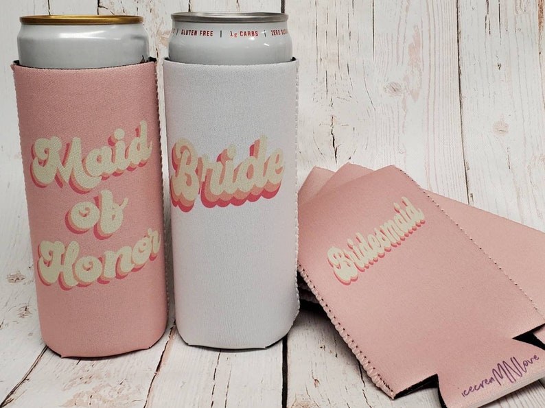 Retro Bridesmaid Proposal Slim Can Coolers. Wedding favors. Bride, Bridesmaid, Maid of Honor, Matron of Honor... RTWP-STOCK 