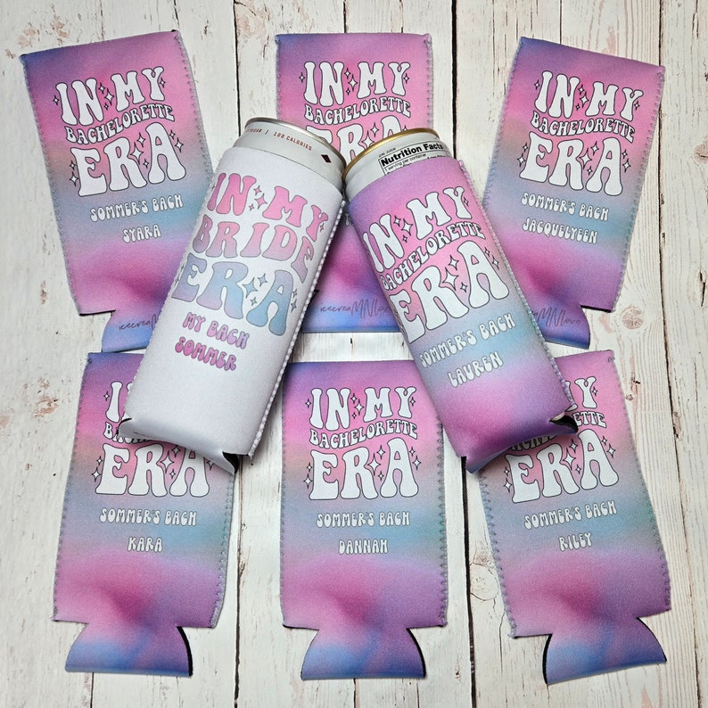 May include: Set of eight colorful can coolers with the text "In My Bachelorette Era" and a different name on each cooler. The coolers are pink, blue, and purple with a tie-dye pattern.