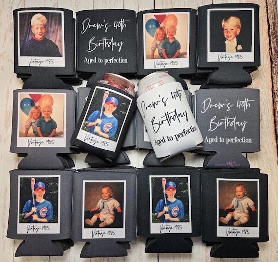 Personalized Birthday Can cooler. Vintage 1986 Photo & Text  | Custom Party Favor Beer Sleeve... FRAMEP