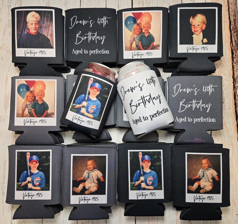 Personalized photo birthday can coolers for a 40th birthday party, featuring childhood pictures with ‘Vintage 1986’ text and custom designs reading ‘Drew’s 40th Birthday Aged to Perfection.’ Custom party drink holders displayed on a rustic wood background.