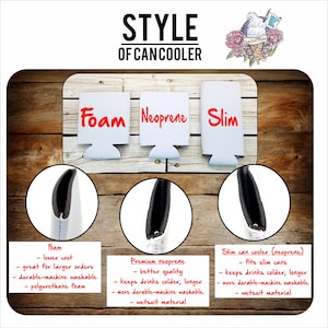 May include: Three different styles of can coolers: foam, neoprene, and slim neoprene. The foam cooler is the least expensive and best for large orders. The neoprene cooler is better quality and keeps drinks colder longer. The slim neoprene cooler is designed to fit slim cans.