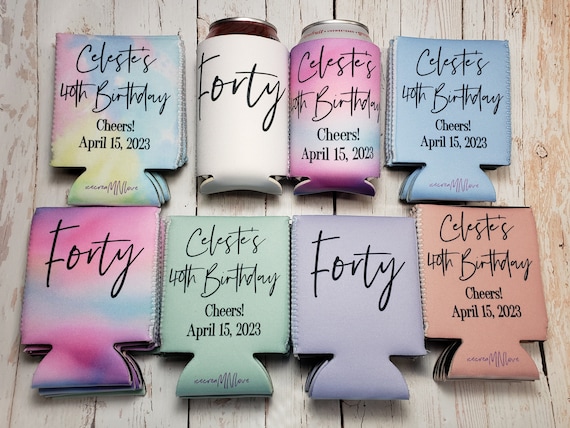 Forty birthday party can cooler favors. Personalized with custom birthday party info. 40th Birthday favors... FORTY