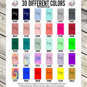 Puede incluir: Un gr&aacute;fico que muestra 30 colores diferentes para enfriadores de latas. Los colores est&aacute;n dispuestos en filas de seis, con cada color etiquetado con su nombre. Los colores incluyen negro, azul marino, azul beb&eacute;, azul claro, gris claro, gris oscuro, malva, rosa polvoriento, rosa rubor, coral, rosa intenso, marr&oacute;n, verde bosque, turquesa, salvia, menta, verde menta, verde lima, retro, caramelo, pastel, lila, lavanda, morado, tie dye, azul real, rojo, naranja, amarillo y dorado.