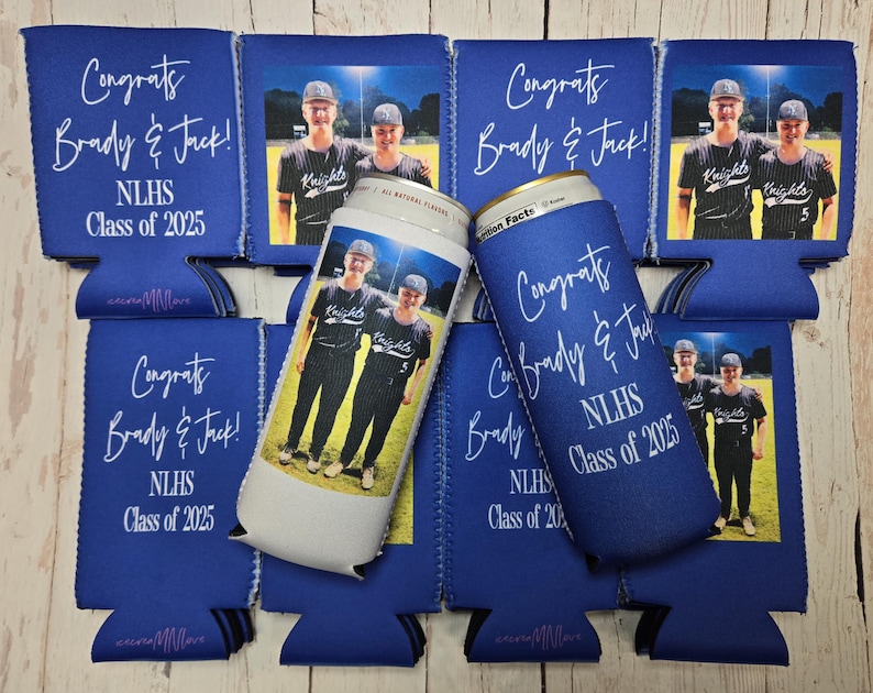 May include: Blue can coolers and koozies with the text "Congrats Brady & Jack! NLHS Class of 2025" in white script. Some coolers have a photo of two young men in baseball uniforms. The koozies are designed to keep beverages cold.