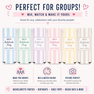 Peut inclure: Six manchons isothermes &agrave; rayures de couleurs pastel, chacun avec l'inscription "Jill's Bachelorette Party, Miami, FL 07.07.2026." Le texte "Perfect for Groups!" est en haut, avec des ic&ocirc;nes pour les &eacute;v&eacute;nements de groupe, le m&eacute;lange de couleurs et les photos.