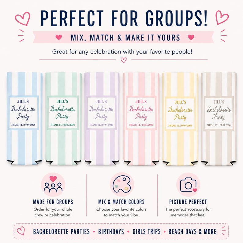 Peut inclure: Six manchons isothermes &agrave; rayures de couleurs pastel, chacun avec l'inscription "Jill's Bachelorette Party, Miami, FL 07.07.2026." Le texte "Perfect for Groups!" est en haut, avec des ic&ocirc;nes pour les &eacute;v&eacute;nements de groupe, le m&eacute;lange de couleurs et les photos.