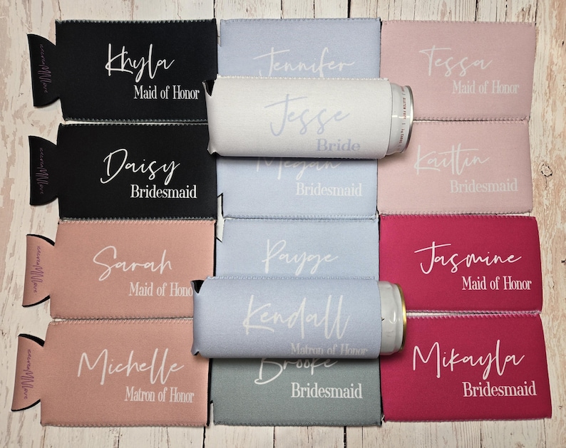 May include: Set of ten personalised can coolers in various colours, including black, pink, and blue. Each cooler features a name and title, such as "Maid of Honour" or "Bridesmaid".