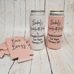 bride and boujee and bach and boozy party can coolers. Personalized with custom bachelorette party info. Bachelorette favors... BABBAB