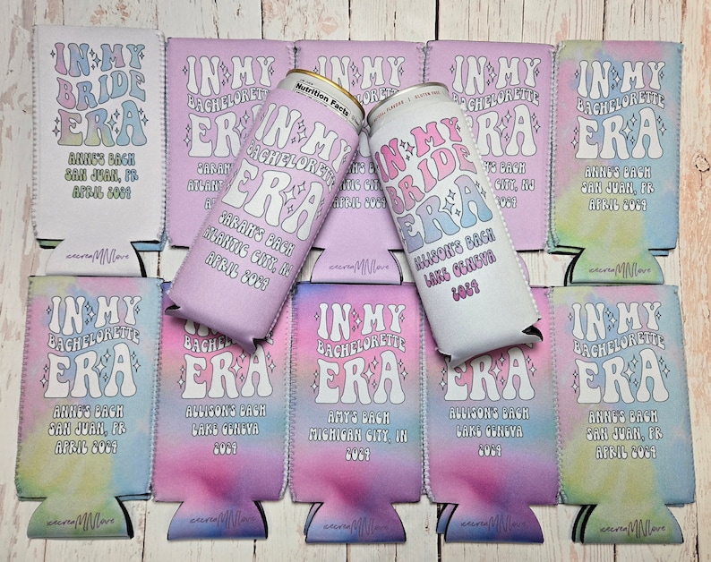 May include: A set of 10 colorful can coolers with the text "In My Bachelorette Era" and various dates and locations. The can coolers are decorated with stars and a tie-dye pattern.